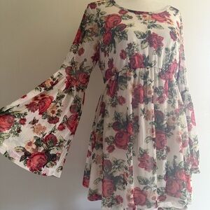 Planet Motherhood Cream Dress with Red Rose & Green Leaf Print